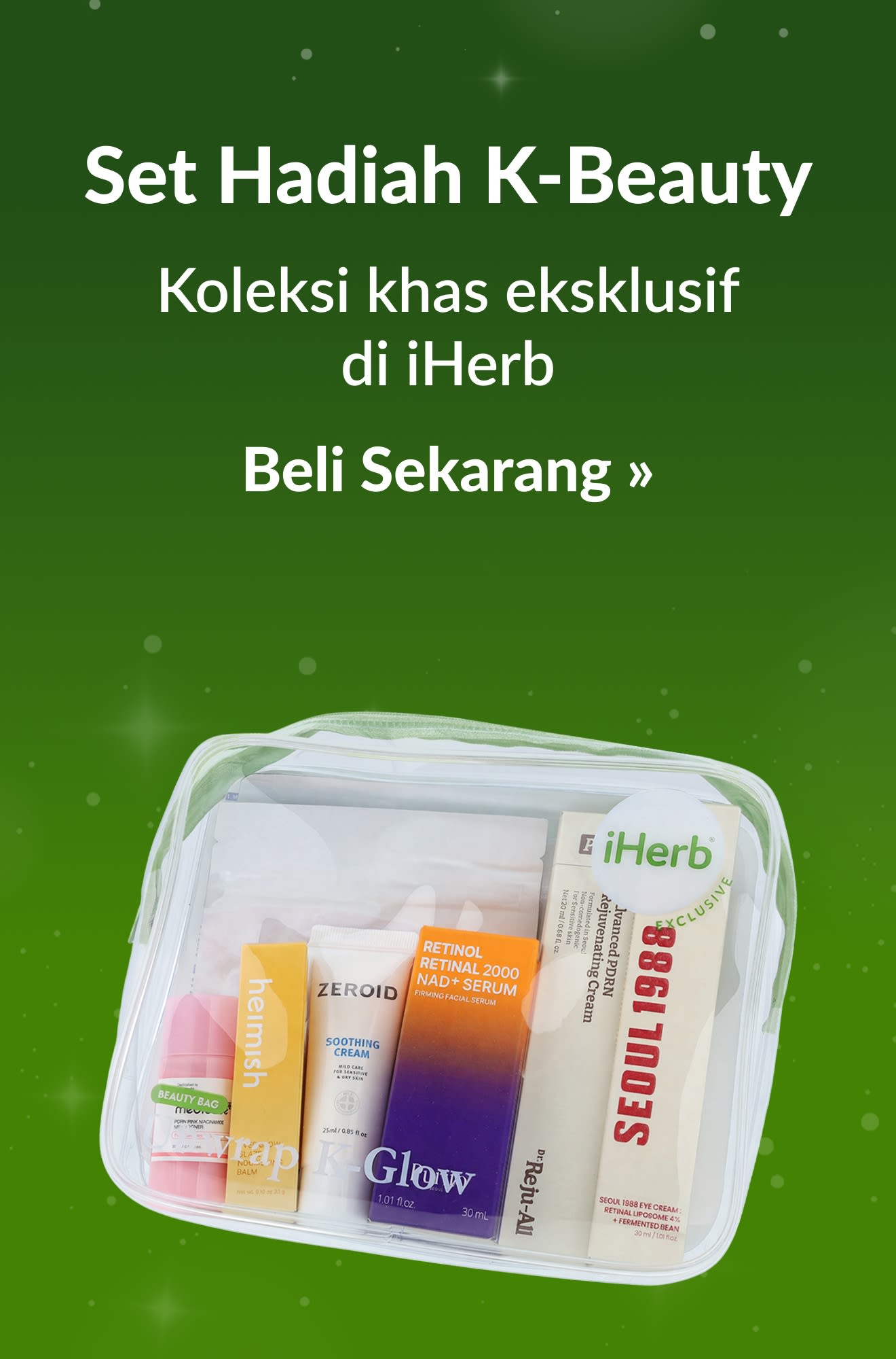 Sepanduk panduan musim perayaan mempromosikan produk Set Hadiah K-Beauty. Beli Sekarang. 