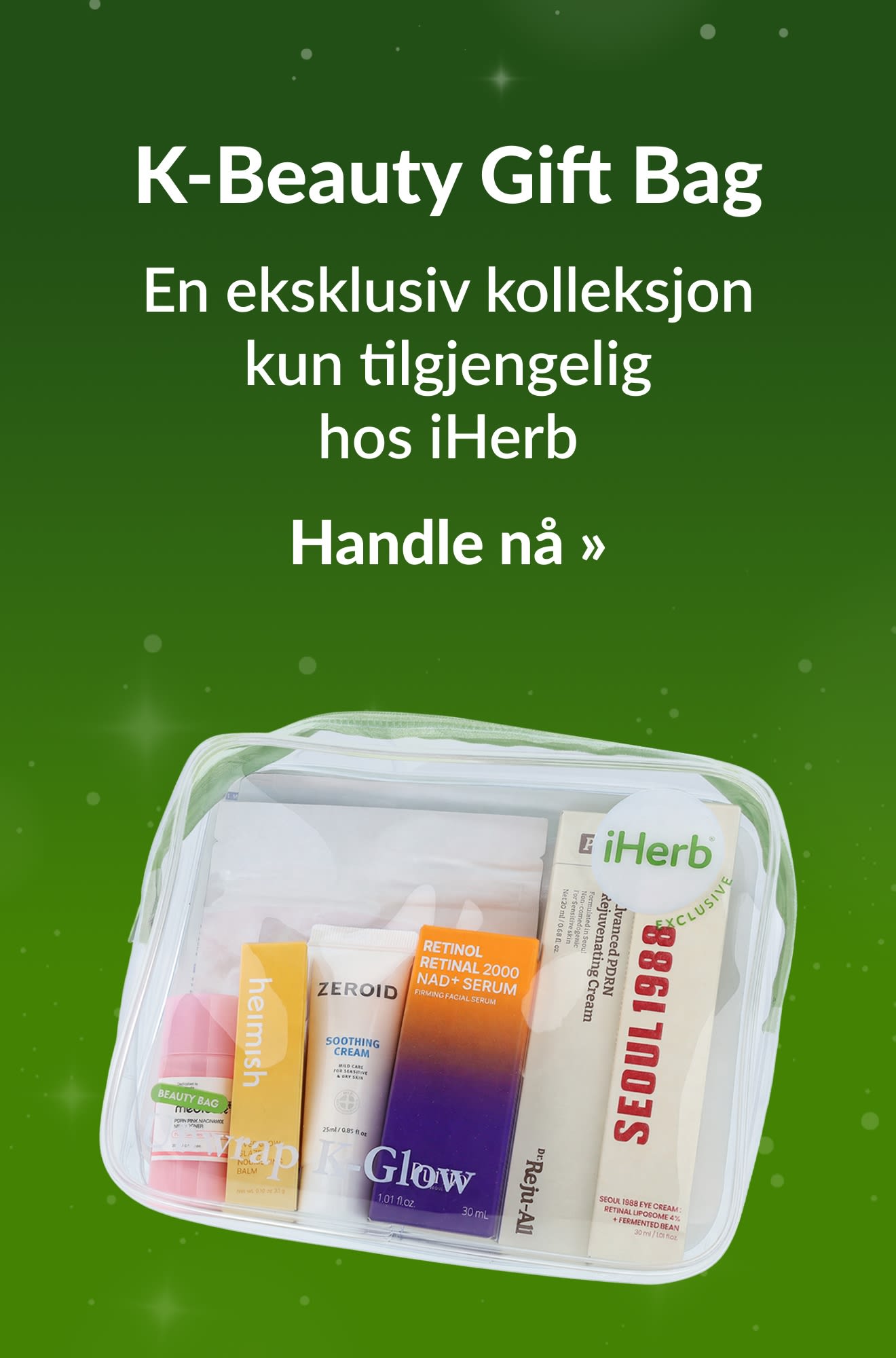 Banner for juleguiden med produkter fra K-Beauty Gift Bag. Handle nå.