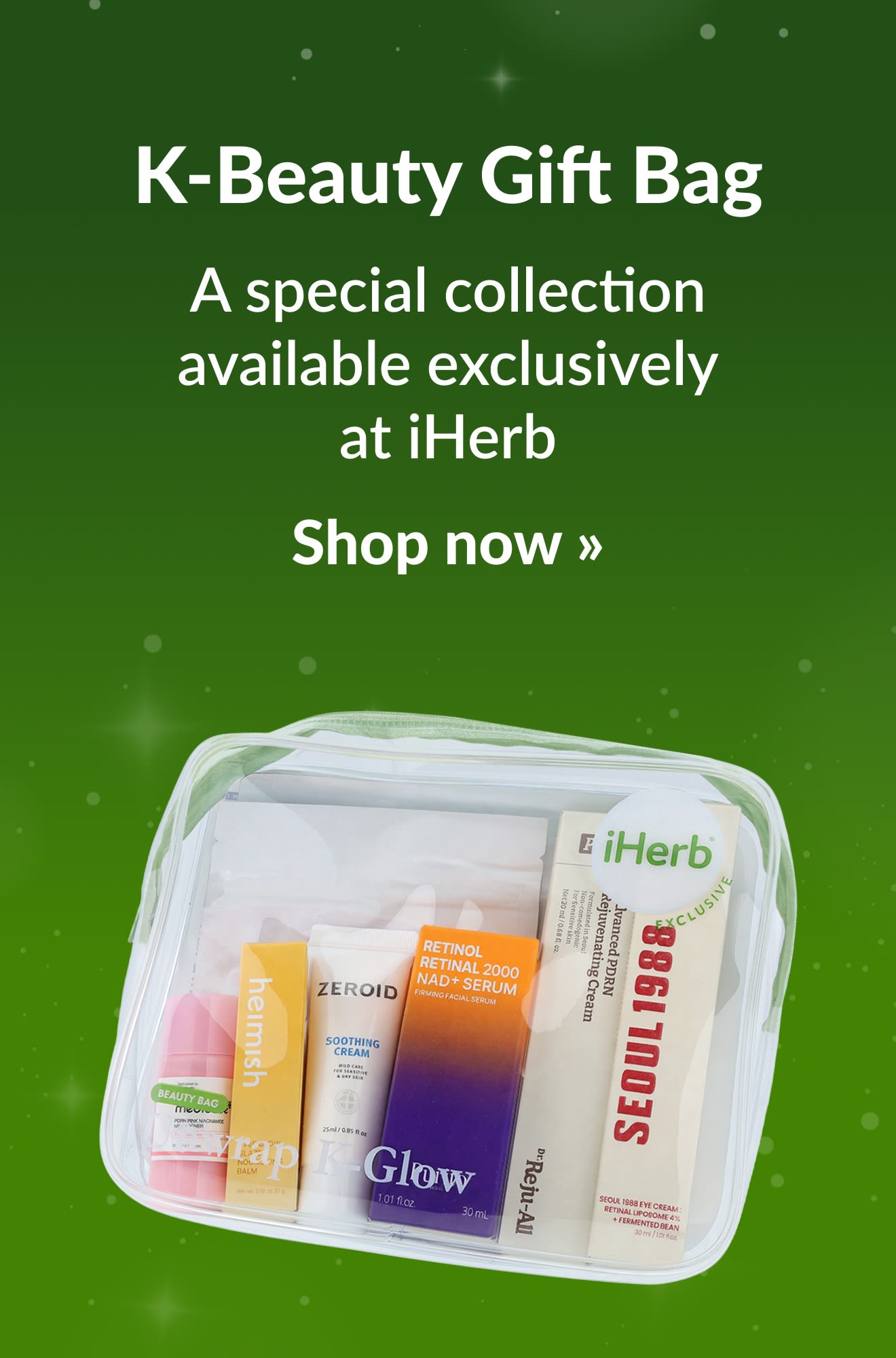 Holiday guide banner promoting K-Beauty Gift Bag products. Shop now.