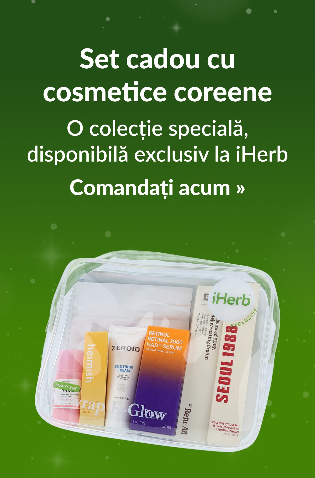Banner pentru ghidul de sărbători, care promovează produsele din setul cadou cu cosmetice coreene. Comandați acum.