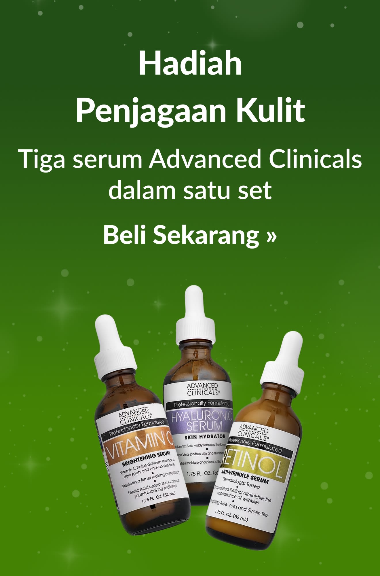 Sepanduk panduan musim perayaan untuk penjagaan kulit mempromosikan produk Advanced Clinicals. Beli Sekarang.