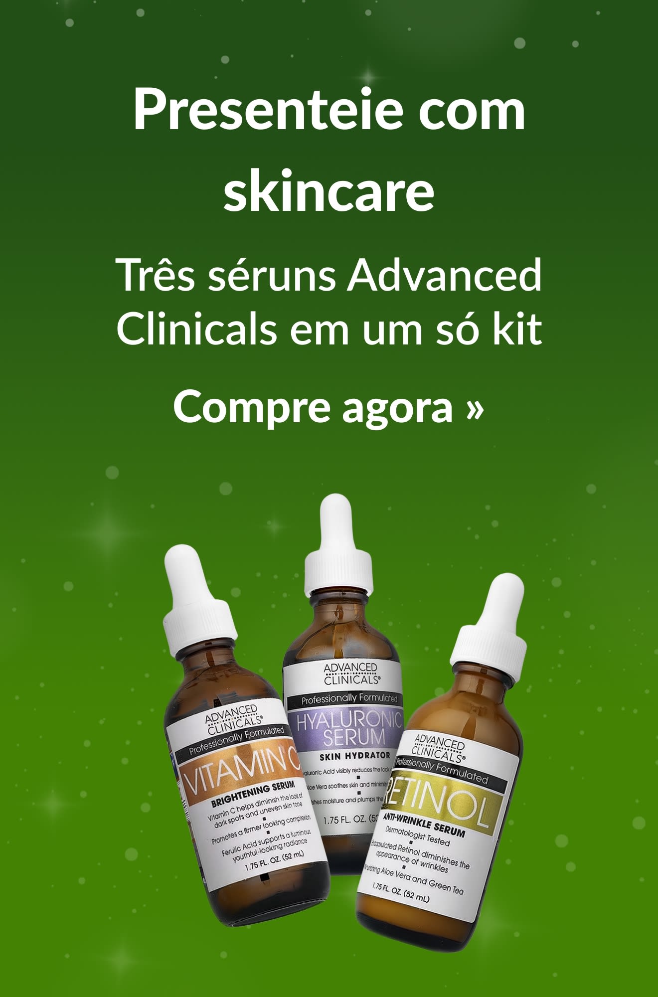 Banner de skincare do guia de fim de ano promovendo produtos da Advanced Clinicals. Compre agora.
