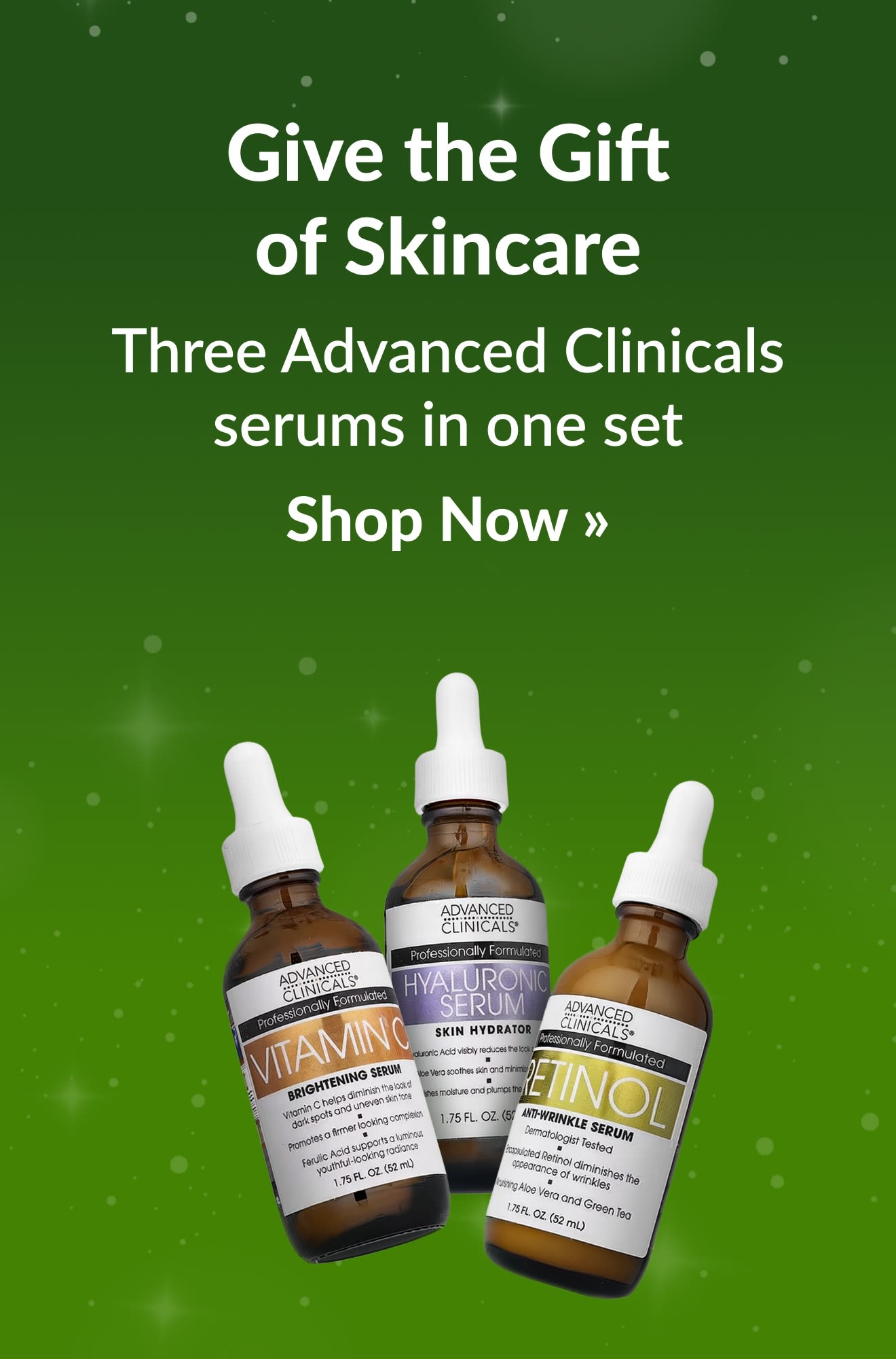 Holiday guide skincare banner promoting Advanced Clinicals products. Shop Now.