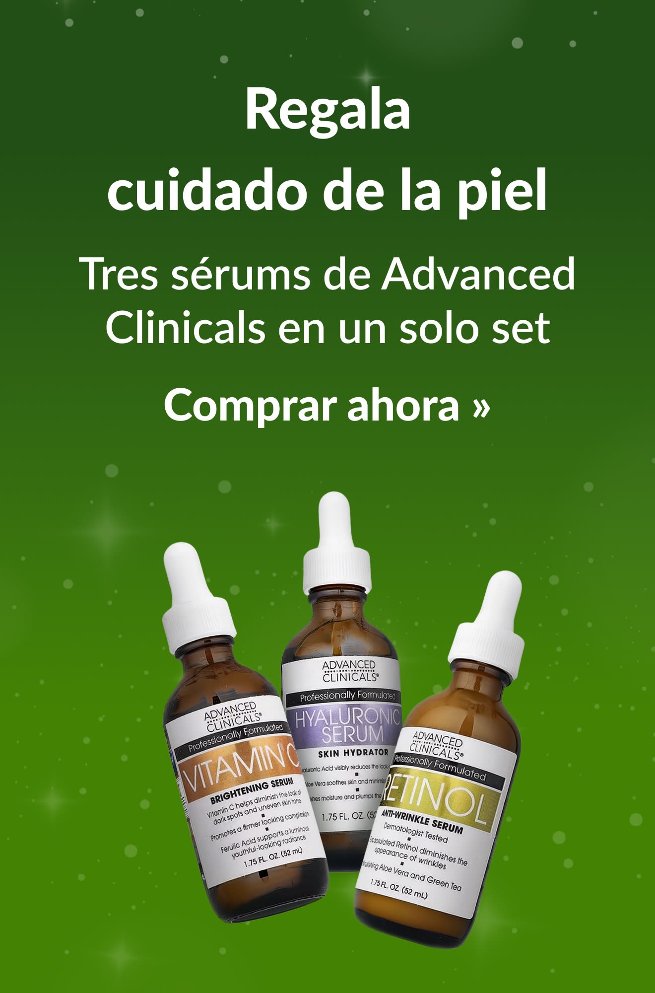 Banner de la guía de compras festivas para el cuidado de la piel con productos de Advanced Clinicals. Comprar ahora.