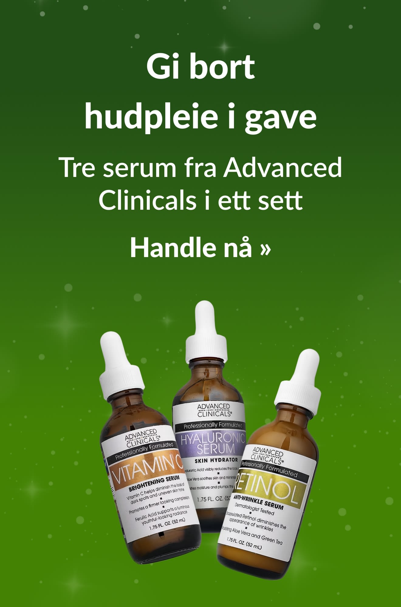 Banner for juleguiden med hudpleieprodukter fra Advanced Clinicals. Handle nå.