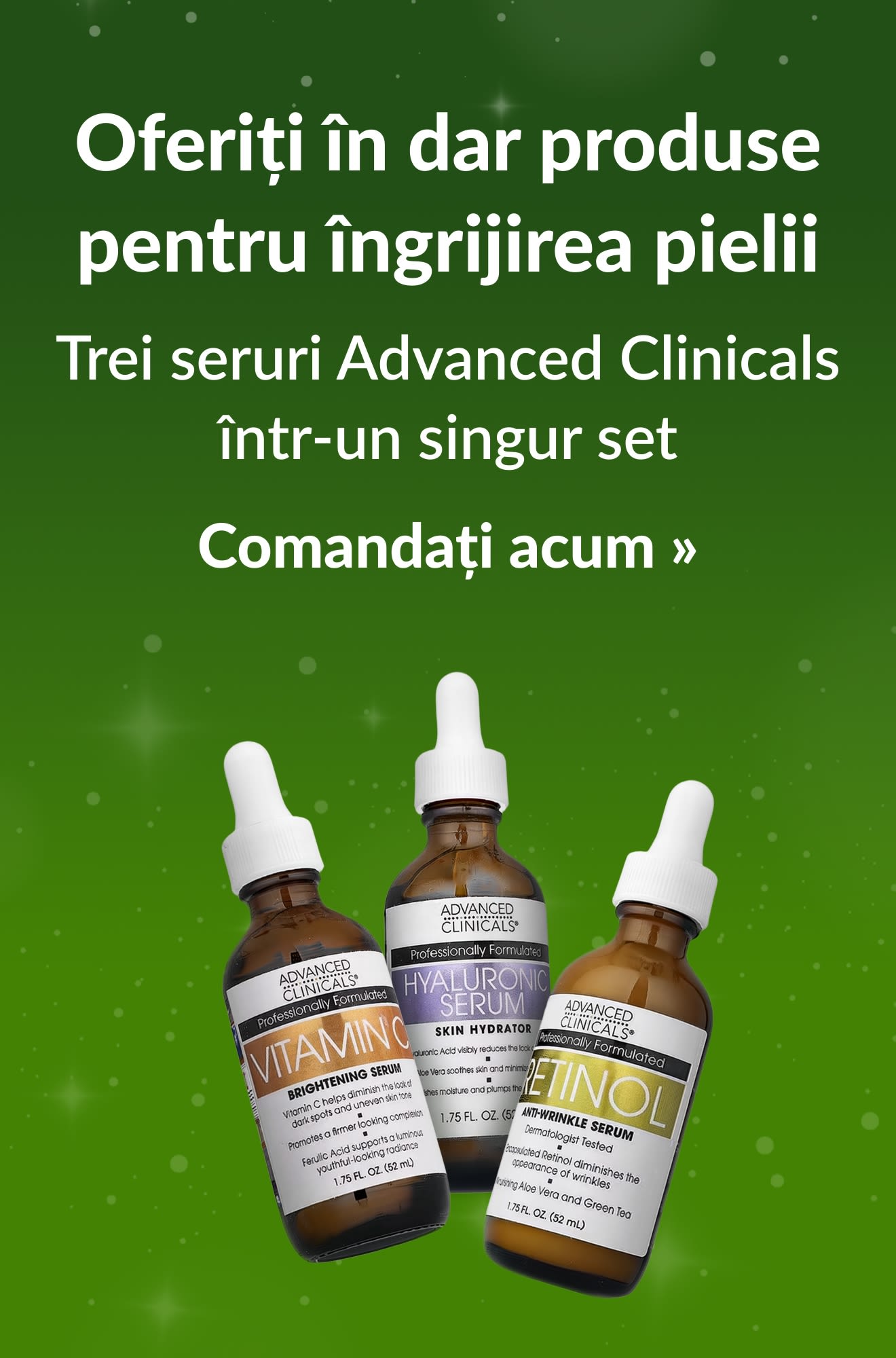 Banner pentru ghidul de sărbători, care promovează produse de îngrijire a pielii Advanced Clinicals. Comandați acum.