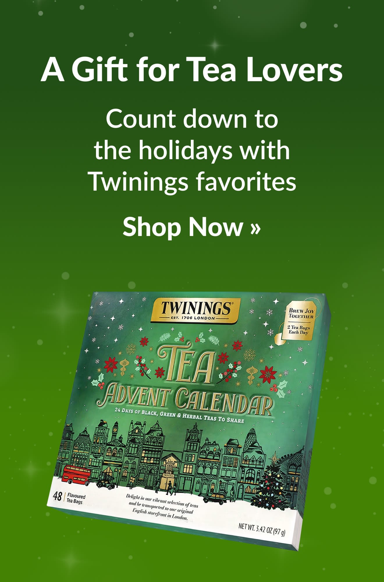 Holiday guide banner promoting products for tea lovers. Shop Now.