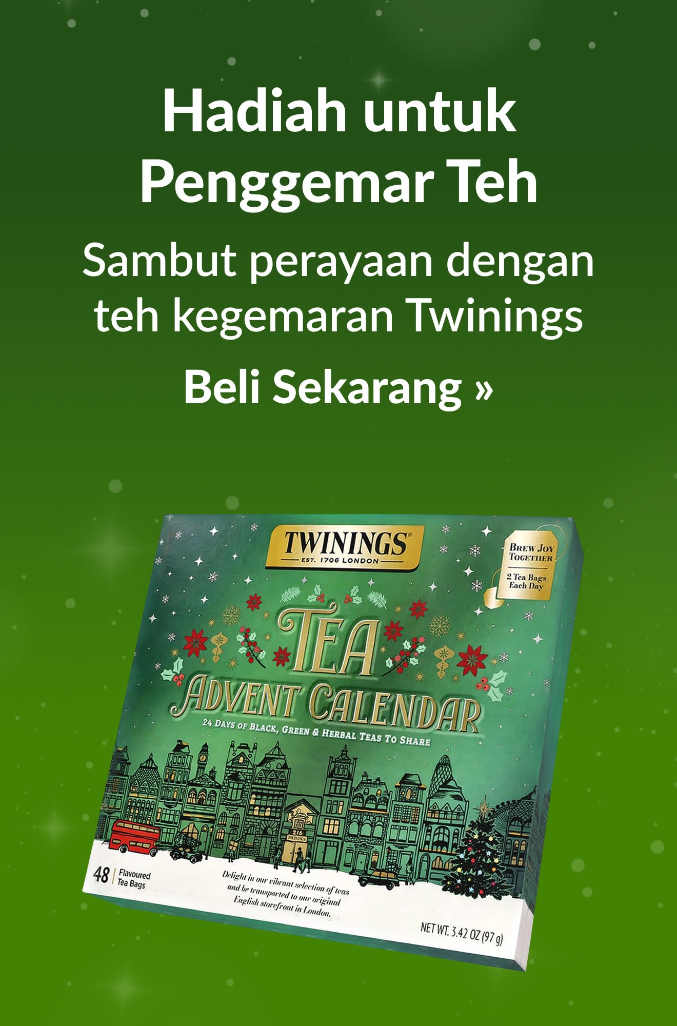 Sepanduk panduan musim perayaan mempromosikan produk untuk penggemar teh. Beli Sekarang.