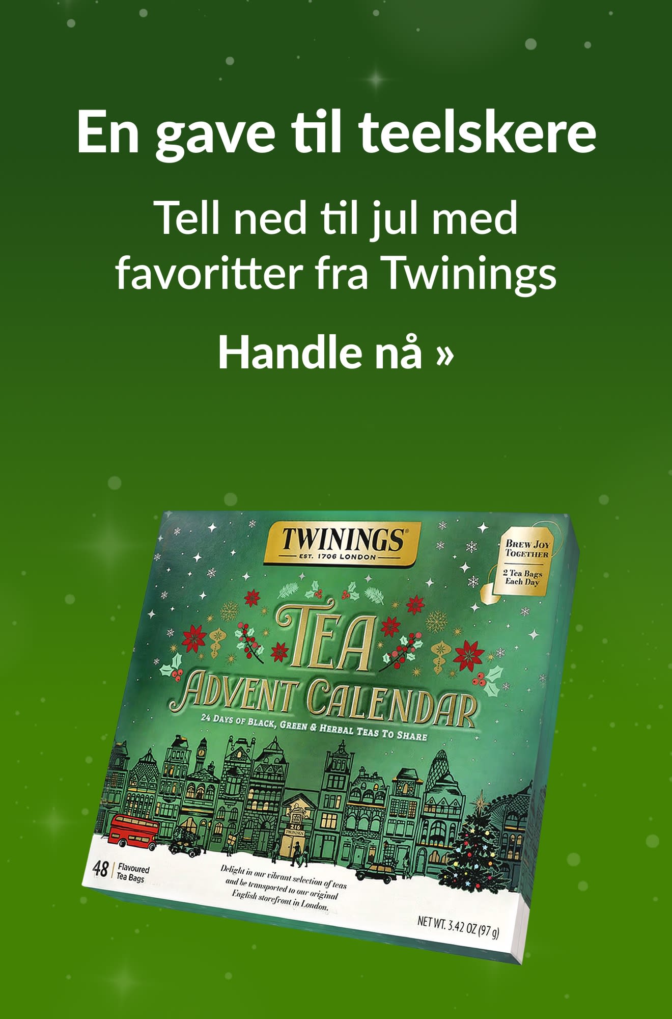 Banner for juleguiden med produkter for teelskere. Handle nå.