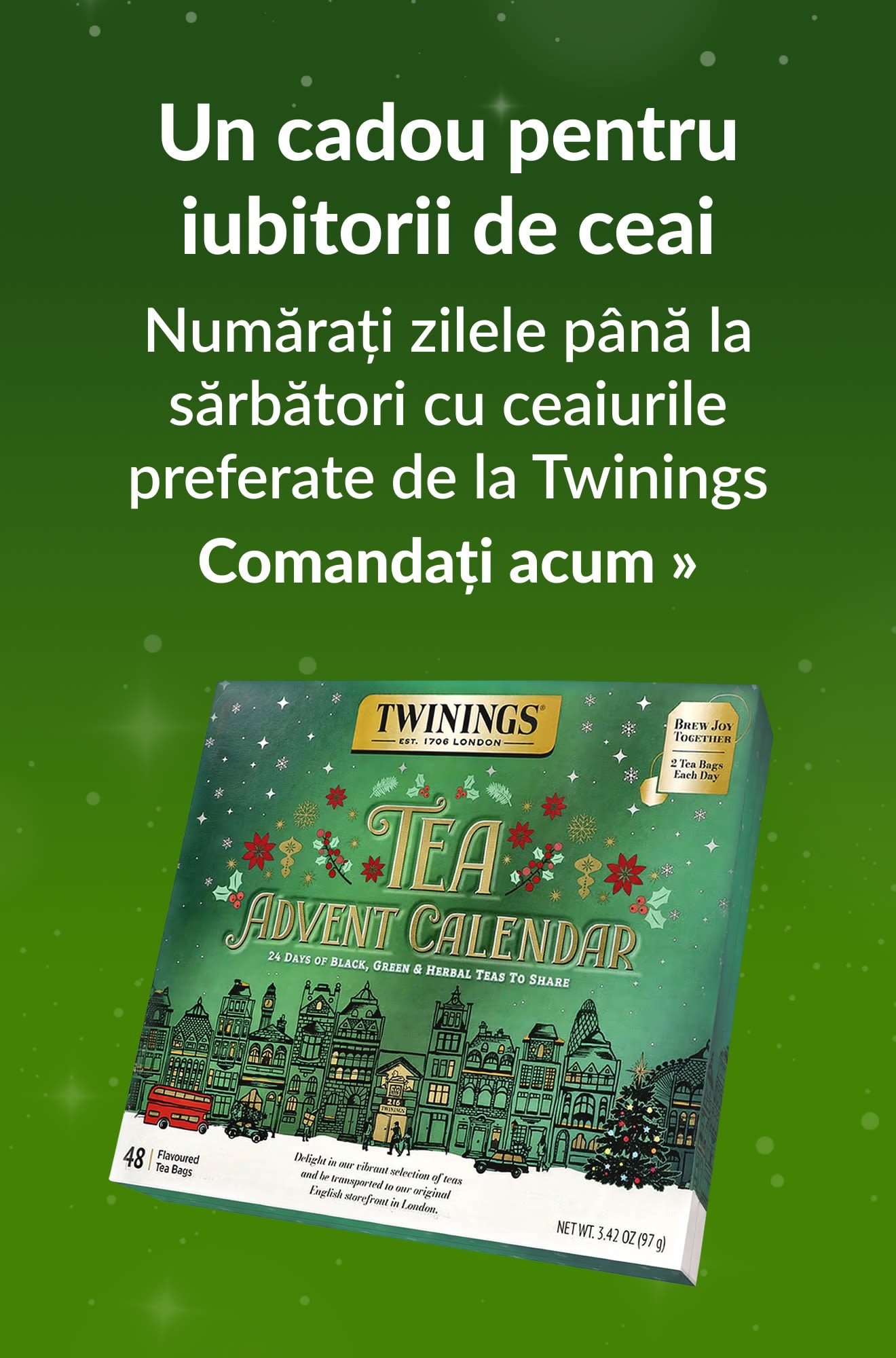 Banner pentru ghidul de sărbători, care promovează produse pentru iubitorii de ceai. Comandați acum.
