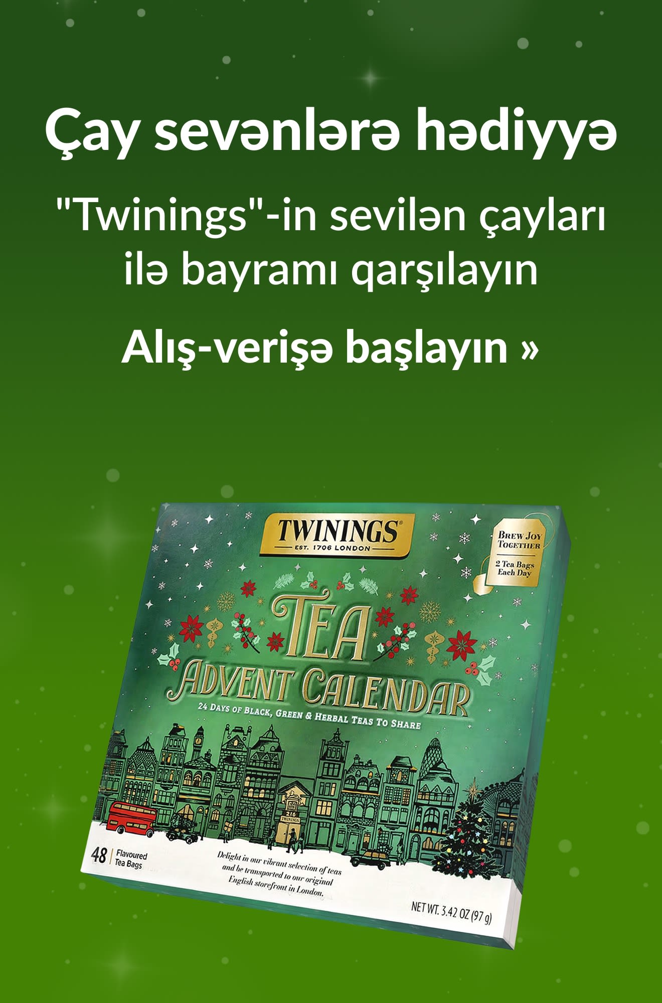 Çay sevənlərə özəl bayram təklifləri banneri. Alış-verişə başlayın.