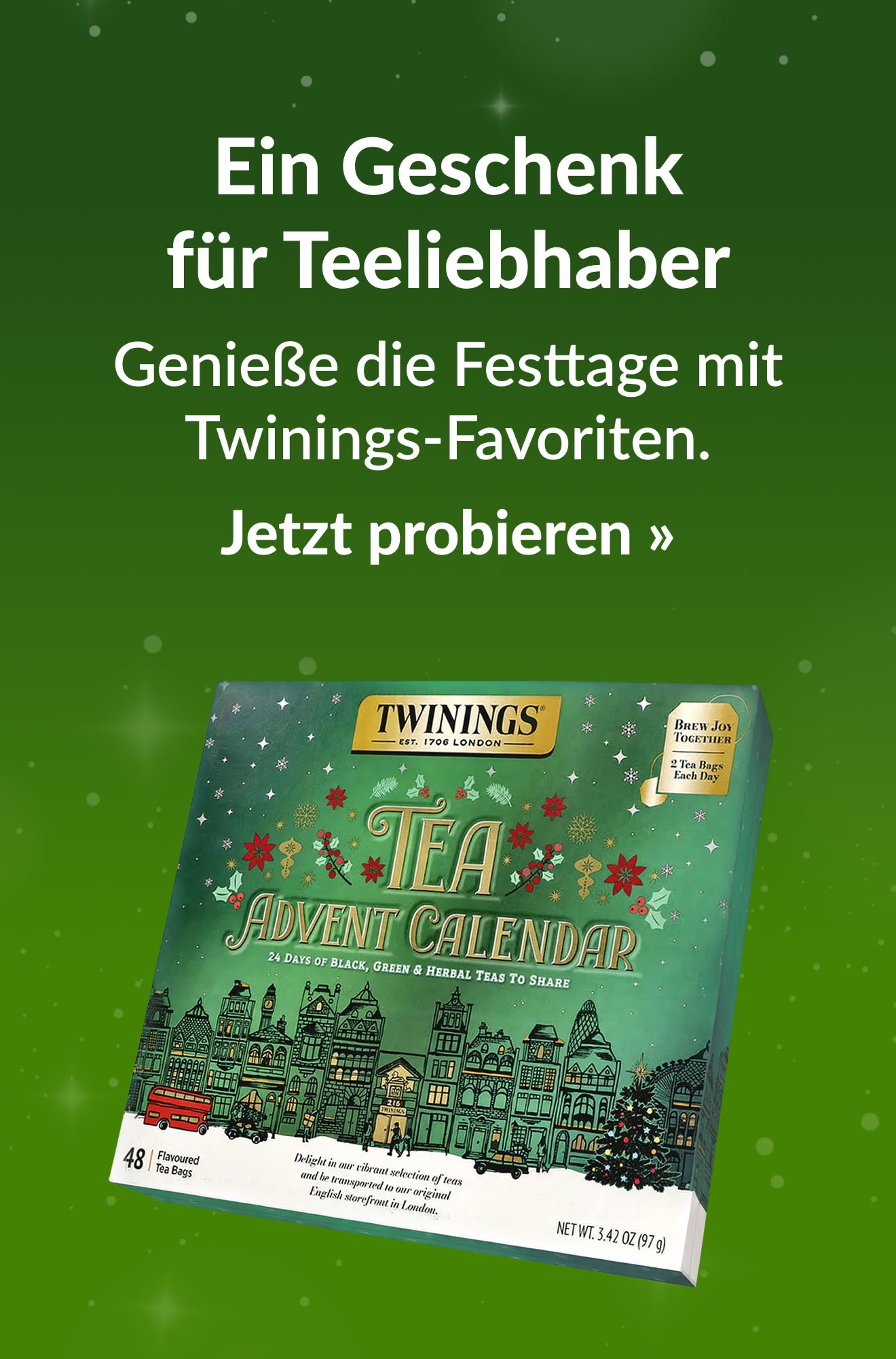 Banner für die Feiertage, der Produkte für Teeliebhaber bewirbt. Jetzt einkaufen.