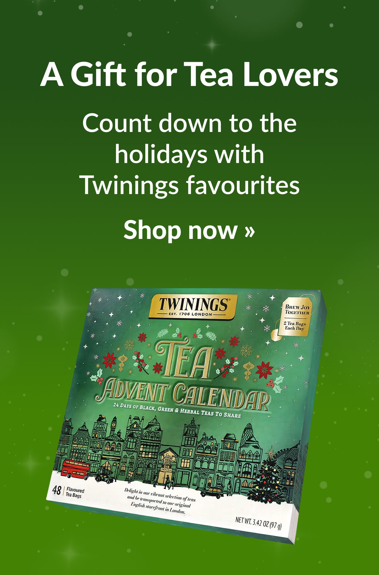 Holiday guide banner promoting products for tea lovers. Shop now.