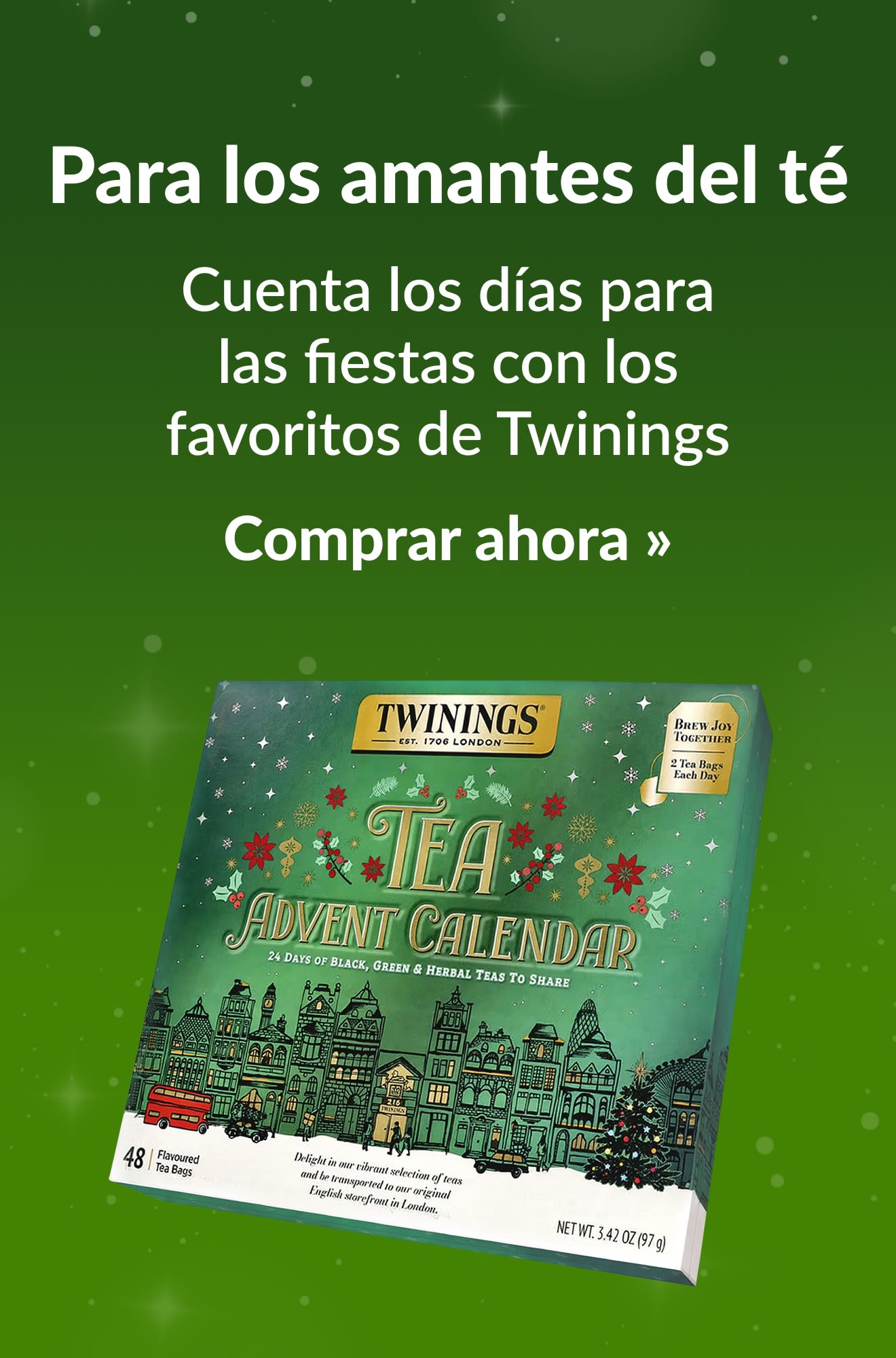 Banner de la guía de compras festivas que promociona productos para los amantes del té. Comprar ahora.