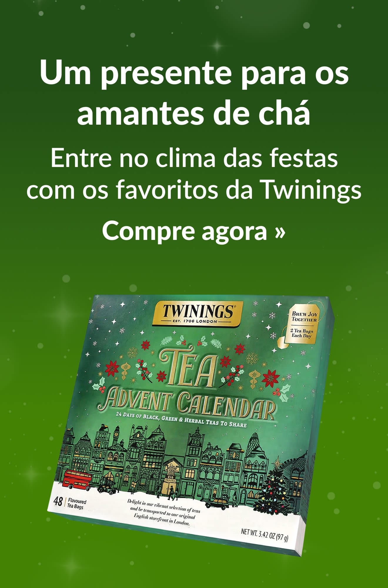 Banner do guia de fim de ano promovendo produtos para os amantes de chá. Compre agora.