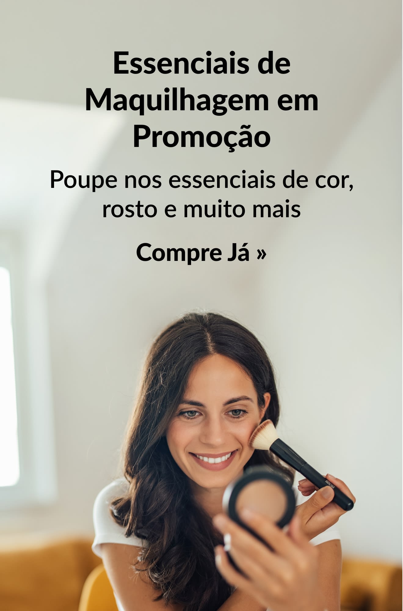 Banner de promoção de maquilhagem indispensável em saldo. Compre já.