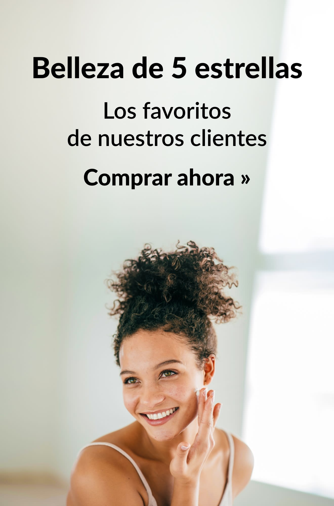 Banner que promociona productos de belleza de 5 estrellas. Comprar ahora.