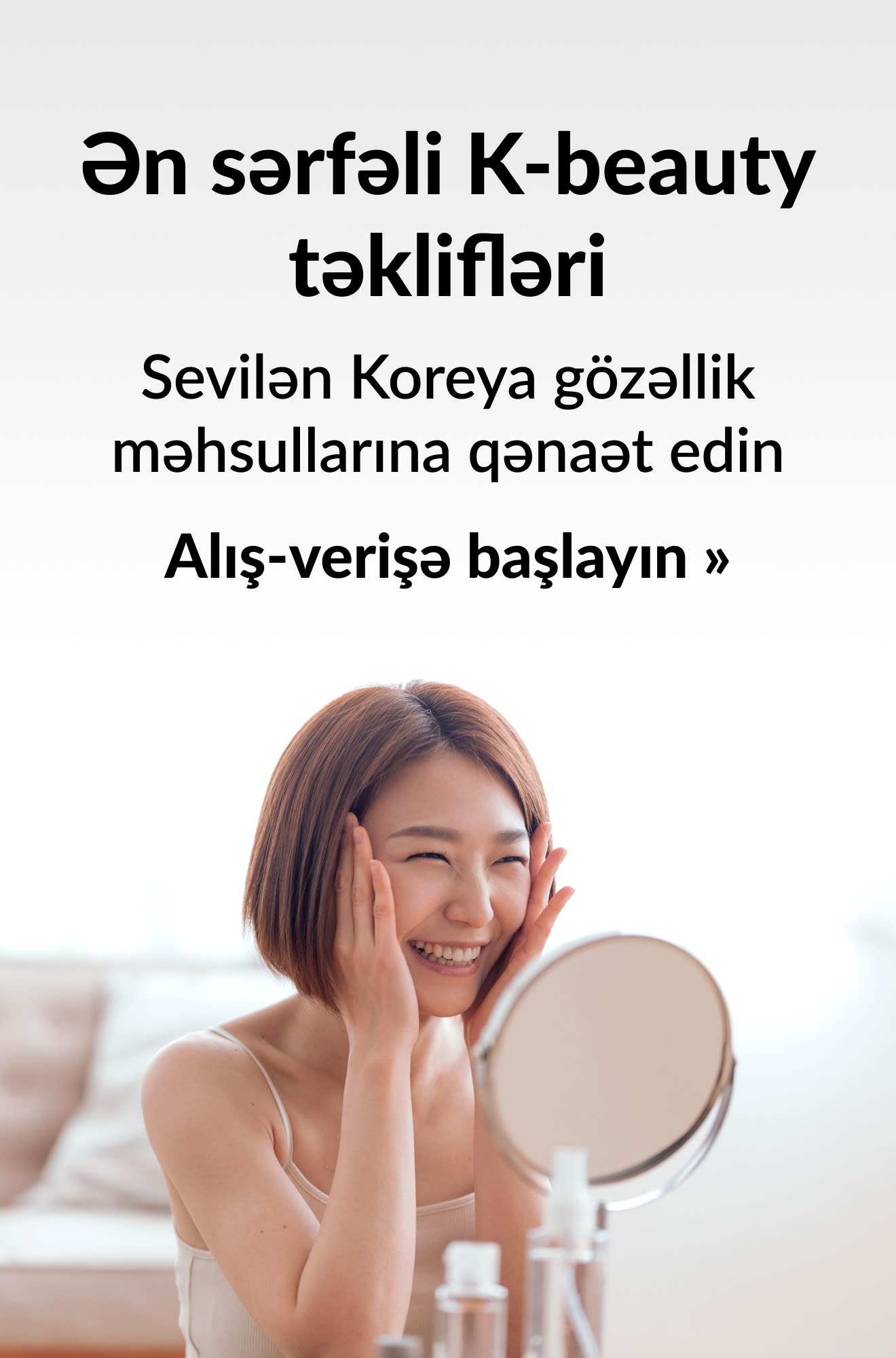 Ən yaxşı Koreya gözəllik məhsulları təkliflərini təbliğ edən banner. Alış-verişə başlayın.