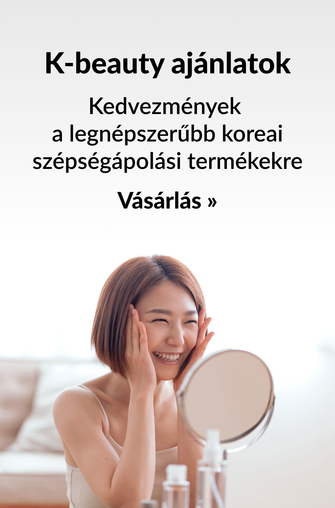 K-beauty ajánlatokat népszerűsító banner. Vásároljon most!