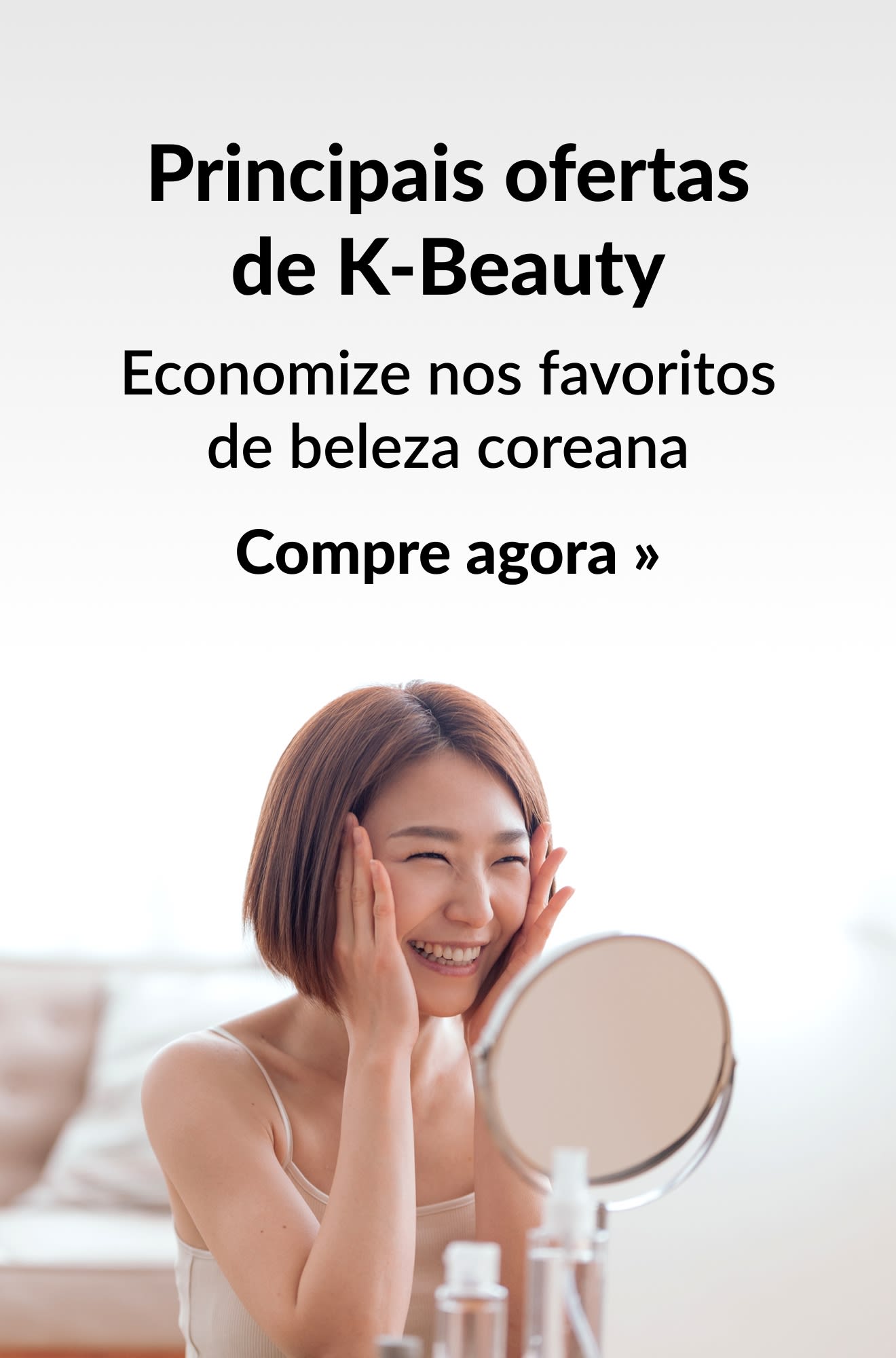 Banner de beleza promovendo as principais ofertas de beleza coreana. Compre agora.