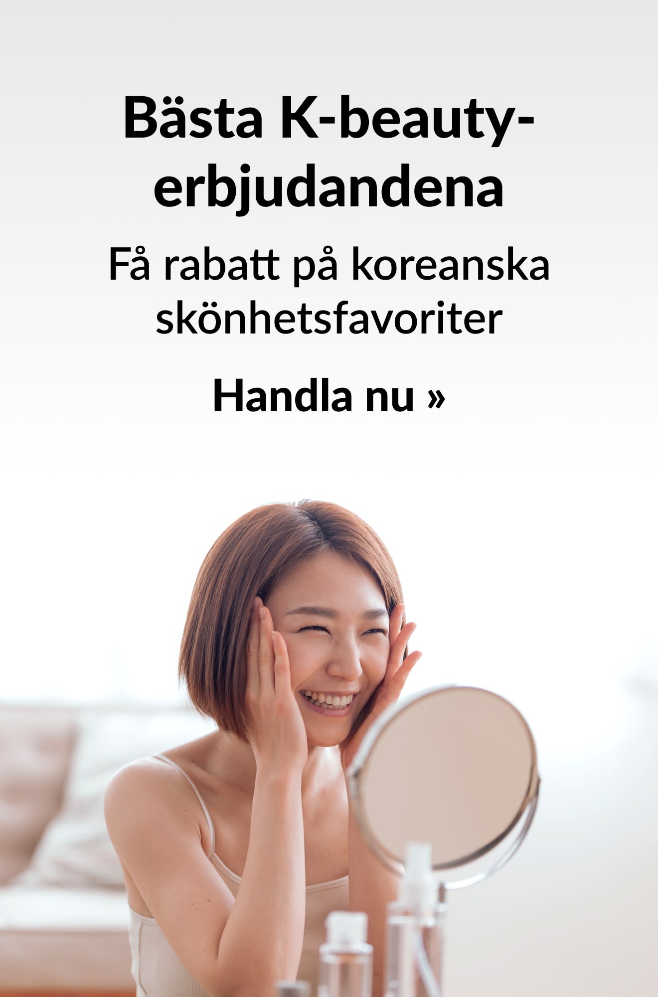 Skönhetsbanner som gör reklam för Bästa K-Beauty-erbjudandena. Handla nu.