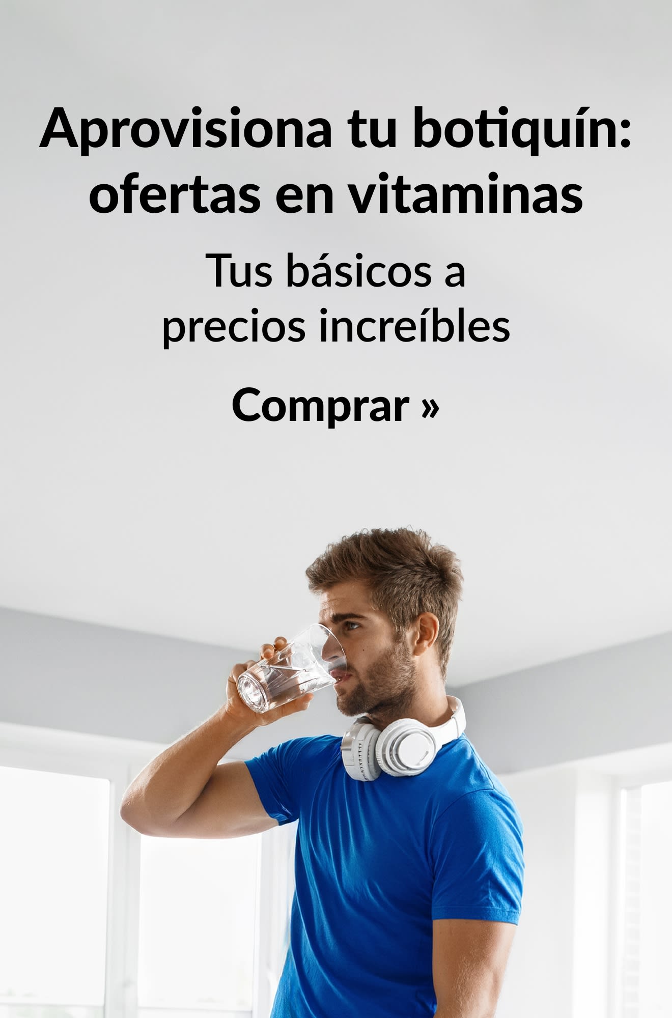 Banner promocional de vitaminas con grandes ofertas en básicos del día a día. Comprar.