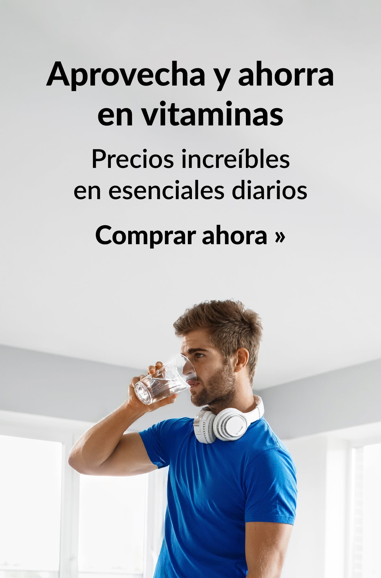 Banner de vitaminas que promociona precios increíbles en esenciales diarios. Comprar ahora.