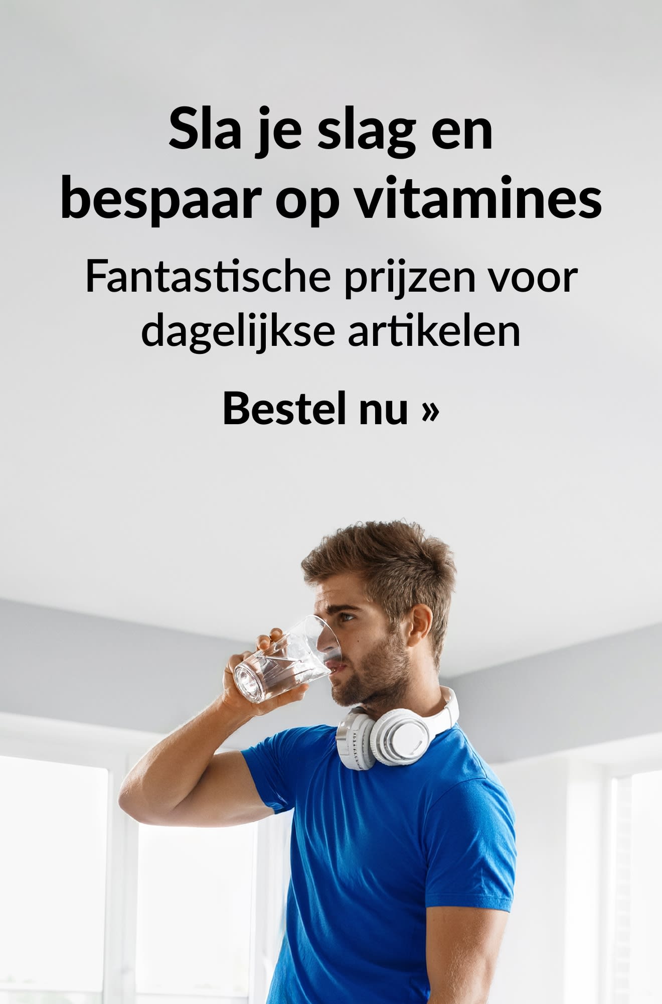 Banner met vitamines die fantastische prijzen aanbieden voor dagelijkse benodigdheden. Shop nu.