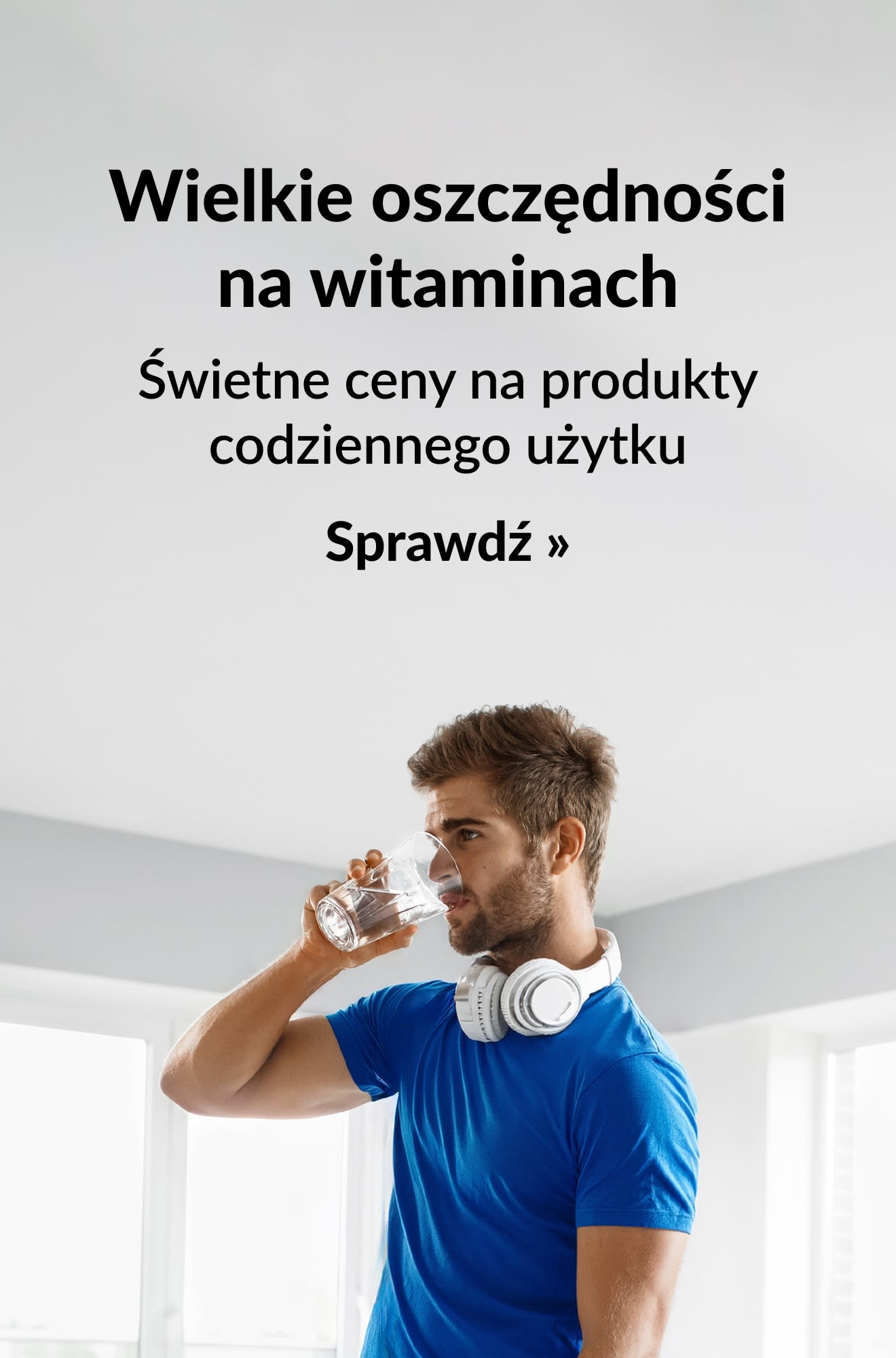 Baner z witaminami promujący świetne ceny na produkty codziennego użytku. Kup teraz.