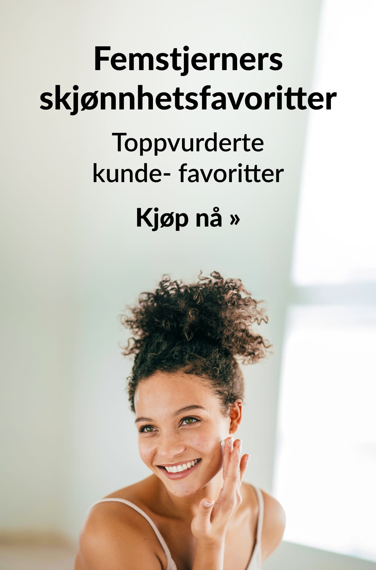 Skjønnhetsbanner som reklamerer for 5-stjerners skjønnhetsprodukter. Kjøp nå.