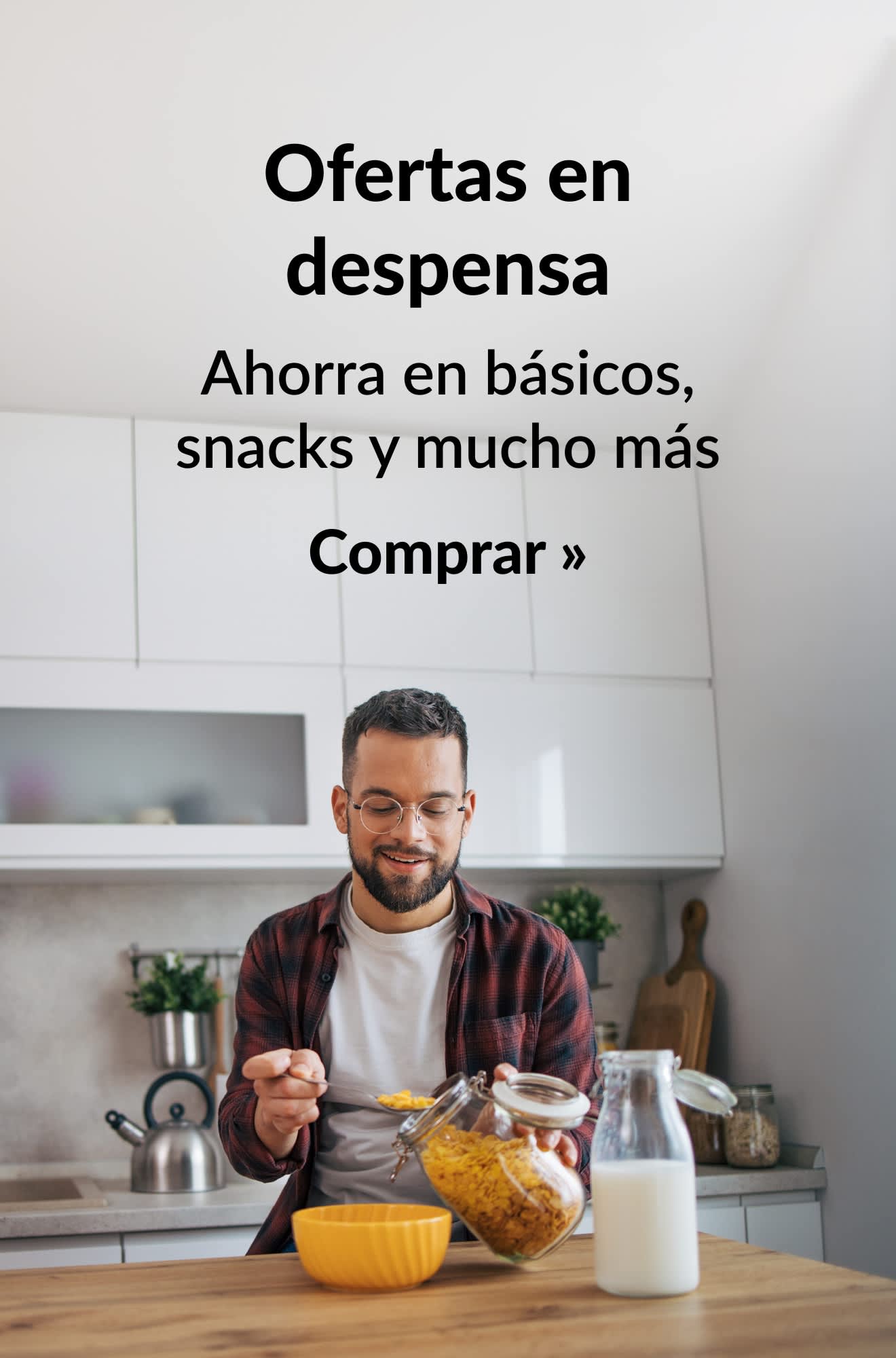 Banner de alimentación que promociona ofertas en snacks y despensa. Comprar.