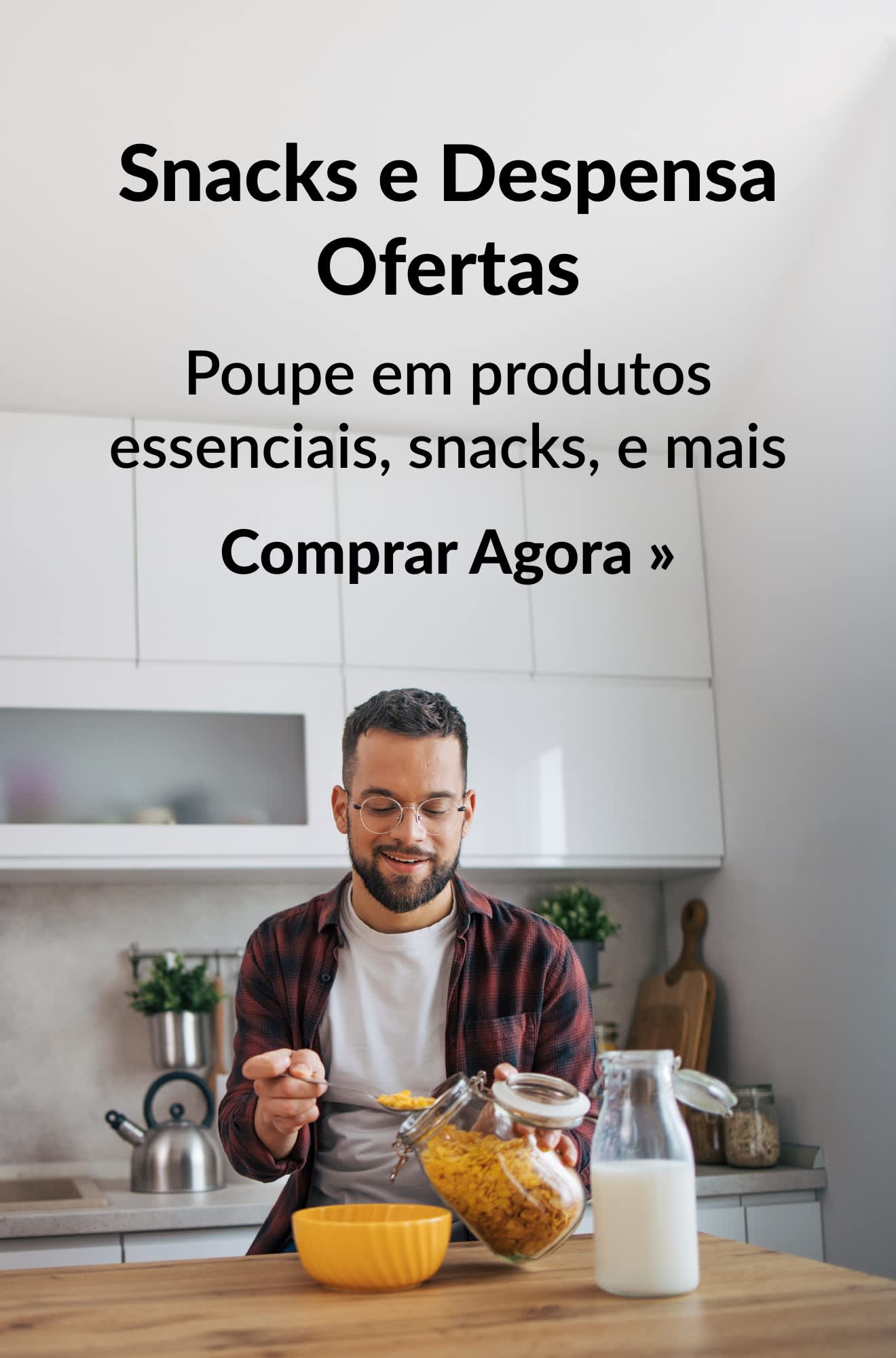 Banner a promover ofertas em snacks e despensa na secção de mercearia. Comprar agora.   