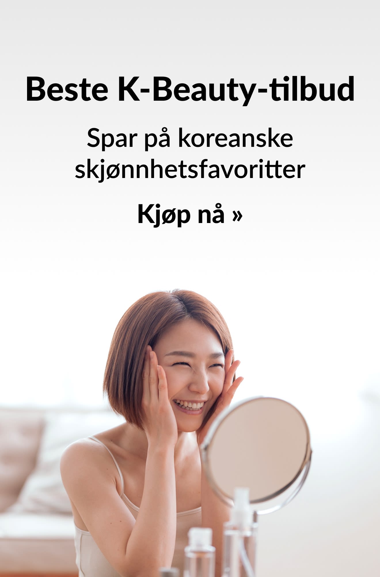 Skjønnhetsbanner som reklamerer for de beste koreanske skjønnhetstilbudene. Kjøp nå.