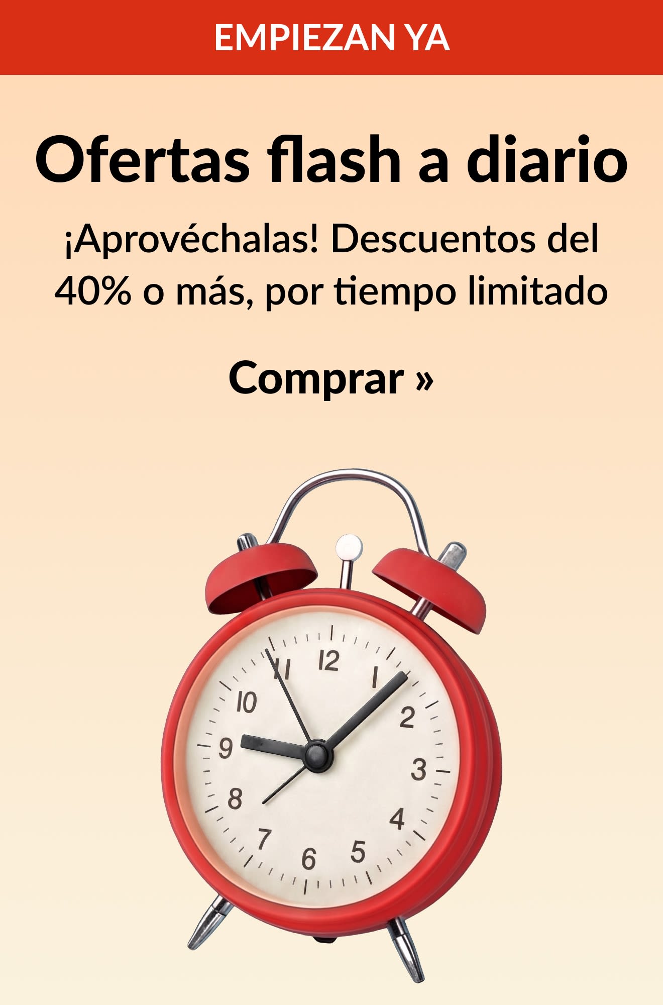 Daily Flash Deals banner with a red alarm clock, offering limited-time savings of 40%+ off. Shop Now.