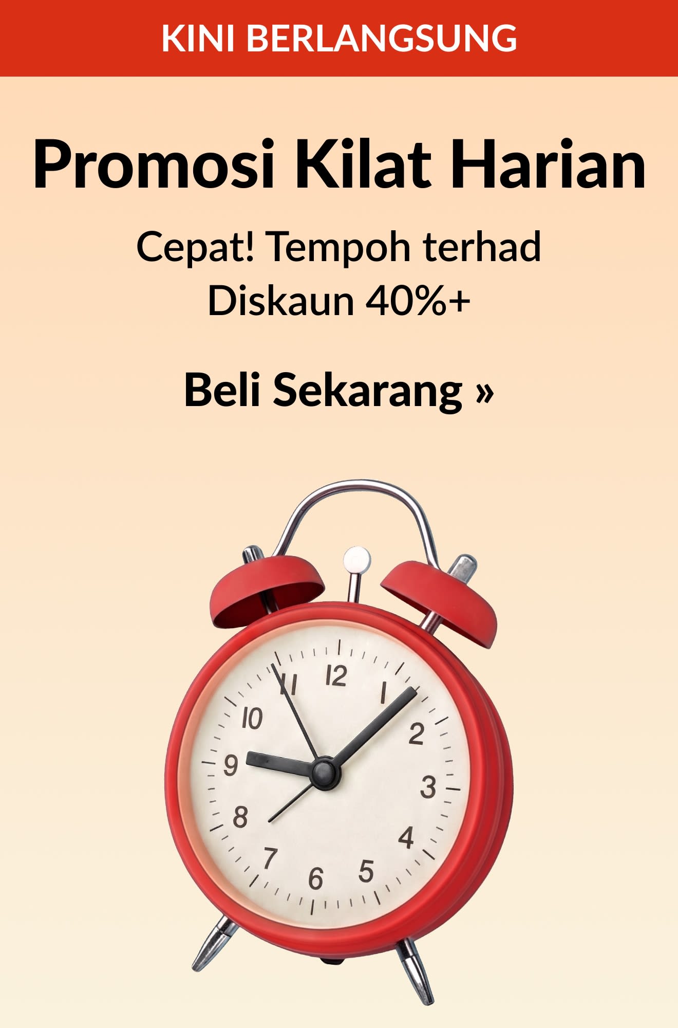 Promosi Kilat Harian Daily Flash Deals banner with a red alarm clock, offering limited-time savings of 40%+ off. Shop Now.