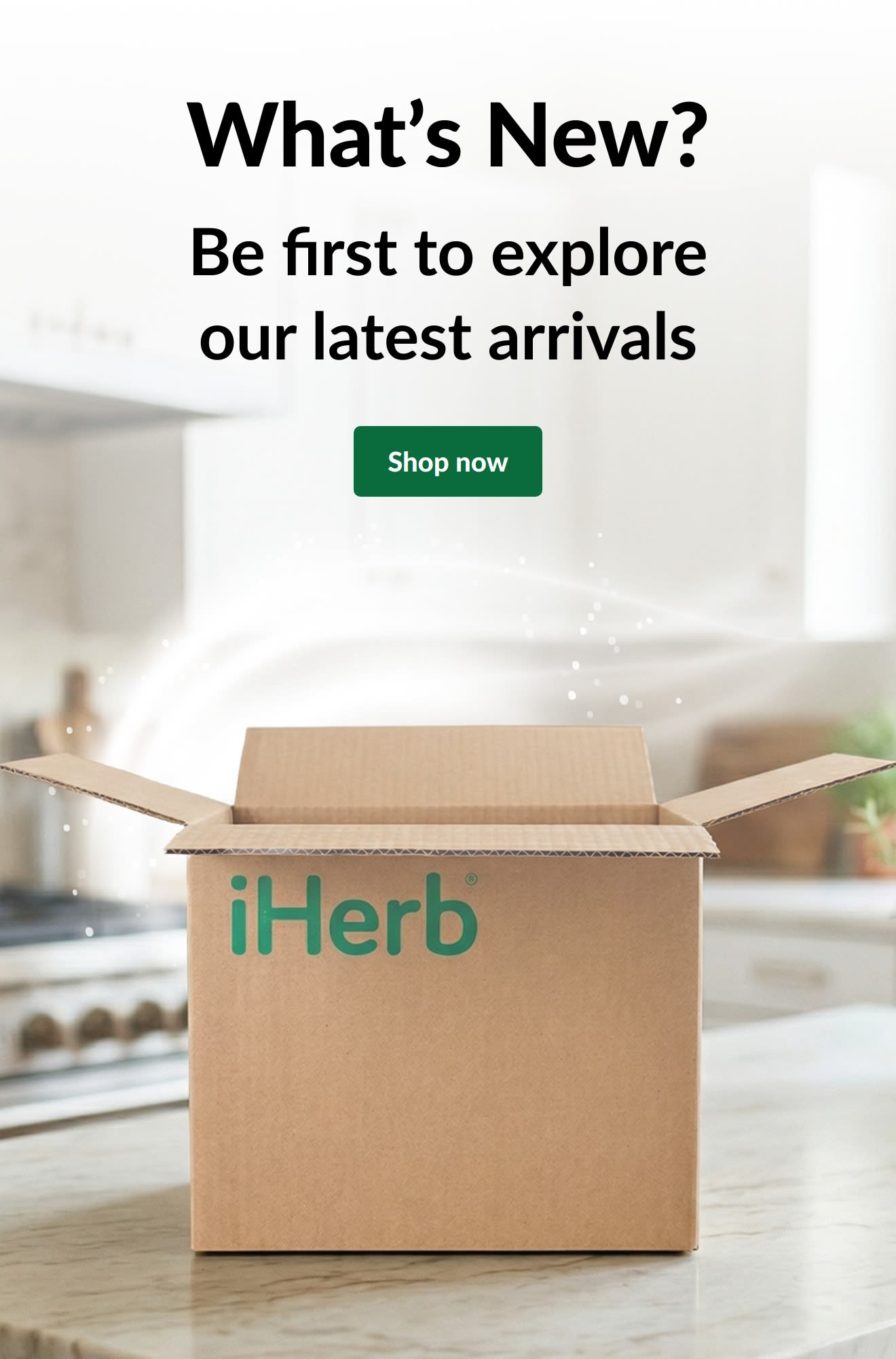 'What's New? Be first to explore our latest arrivals' ad featuring an open iHerb box and a Shop now button.