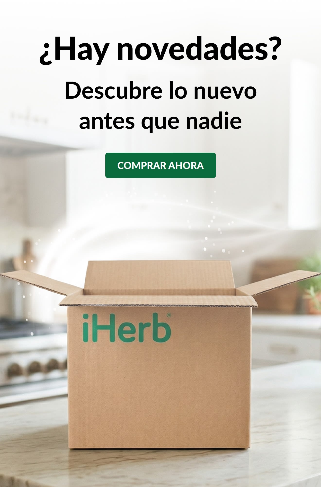 ‘‘¿Hay novedades? Descubre lo nuevo antes que nadie’’ con una caja de iHerb y el botón ‘‘Comprar ahora’’.