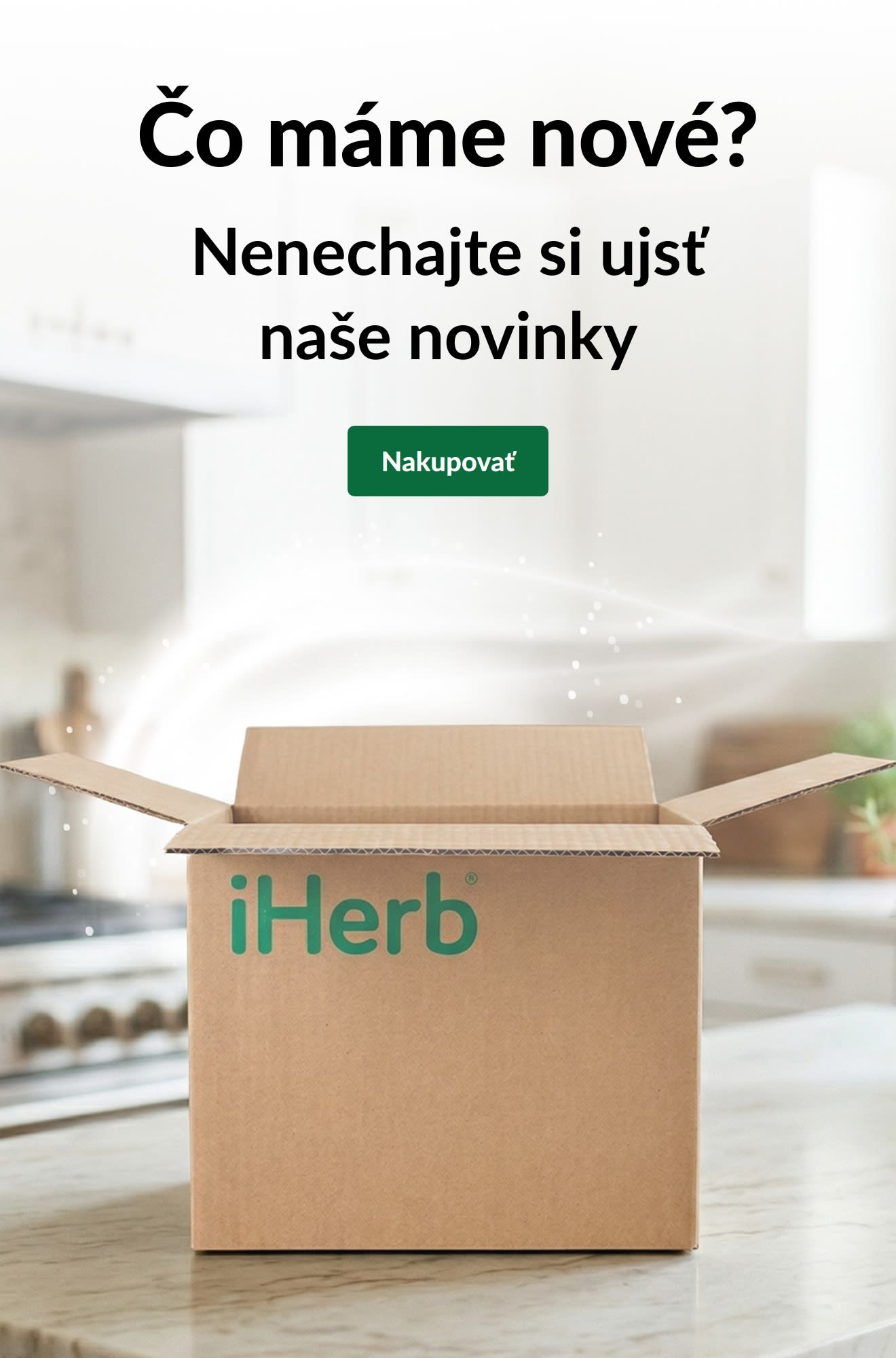 Reklama: „Čo máme nové? Nenechajte si ujsť naše novinky“ s otvorenou iHerb krabicou a tlačidlom Nakupovať.