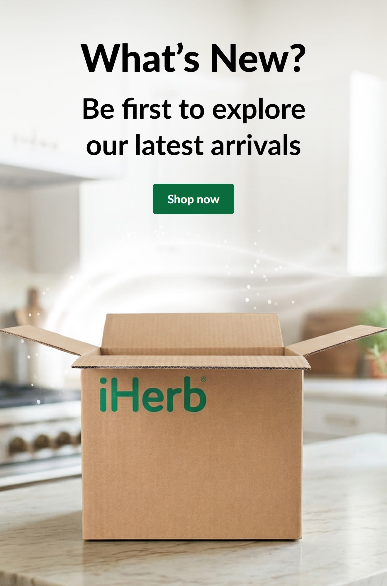 'What's New? Be first to explore our latest arrivals' ad featuring an open iHerb box and a Shop now button.
