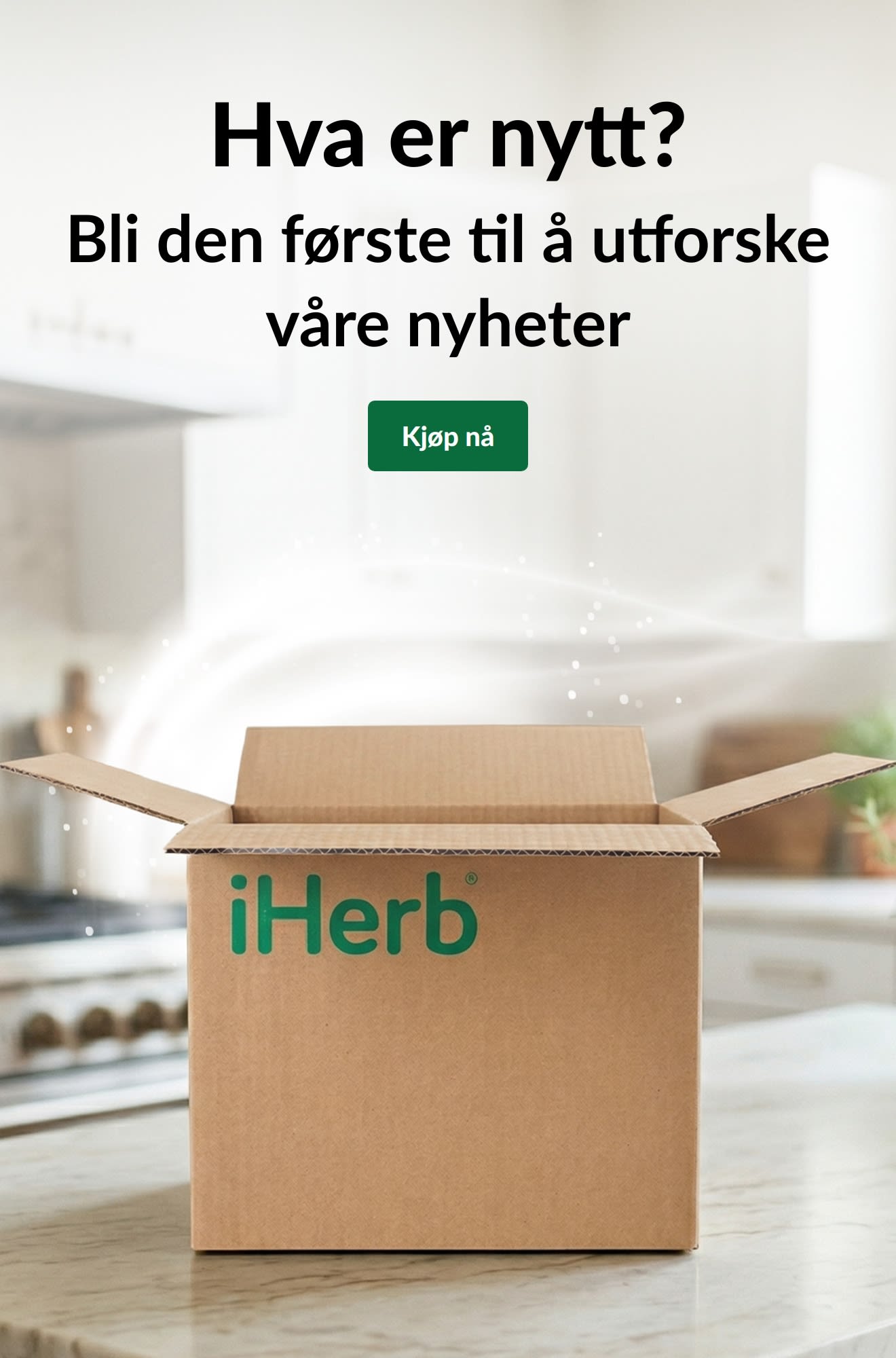 «Hva er nytt? Bli den første til å utforske våre nyheter»-annonse med en åpen iHerb-eske og en «Kjøp nå»-knapp.