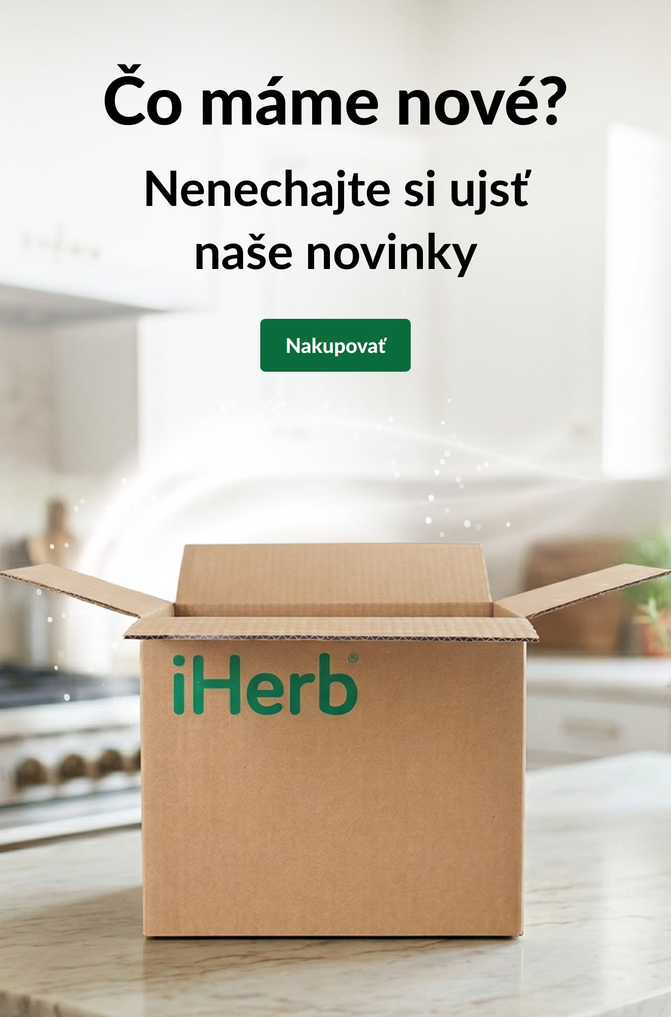 Reklama: „Čo máme nové? Nenechajte si ujsť naše novinky“ s otvorenou iHerb krabicou a tlačidlom Nakupovať.