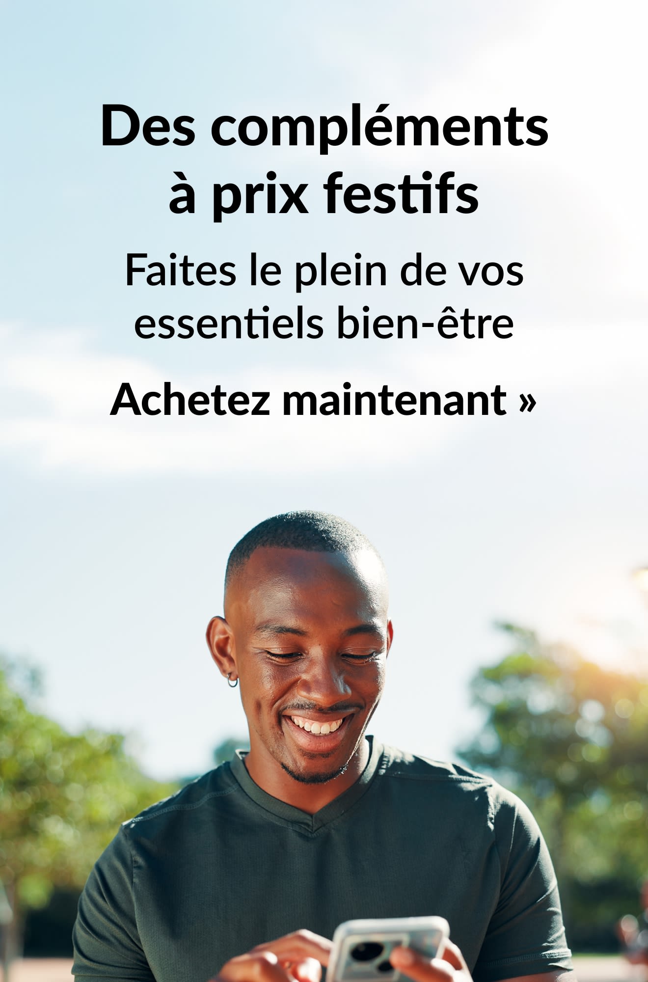 Bannière mettant en avant des compléments alimentaires à prix festifs. Achetez maintenant.