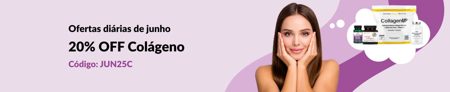 Promoção oferecendo 20% OFF na categoria de colágeno com o código JUN25C