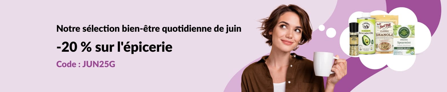 Promotion offrant 20% de réduction sur la catégorie épicerie avec le code JUN25G.
