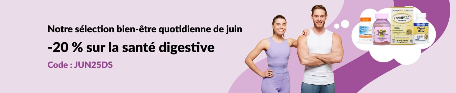 Promotion offrant 20% de réduction sur la catégorie santé intestinale avec le code JUN25DS