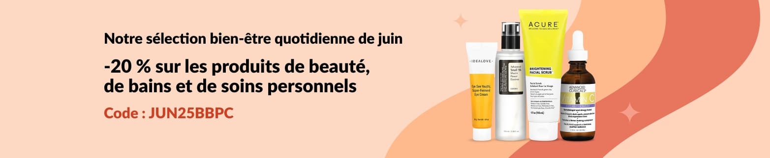 20 % de réduction sur les produits de beauté, de bains et autres