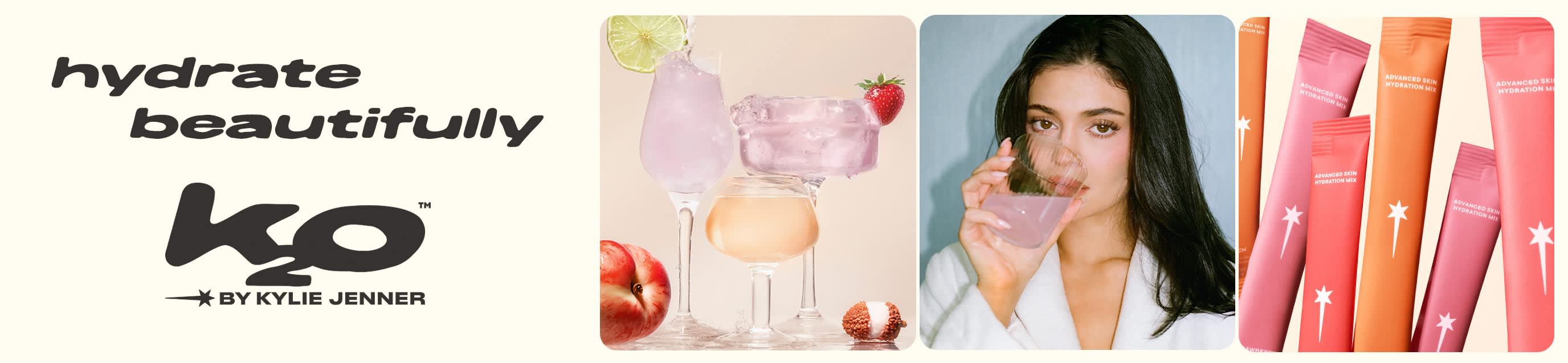 K2O by Kylie Jenner banner featuring pink and orange drinks, a model drinking, and colorful skin hydration mix packets.