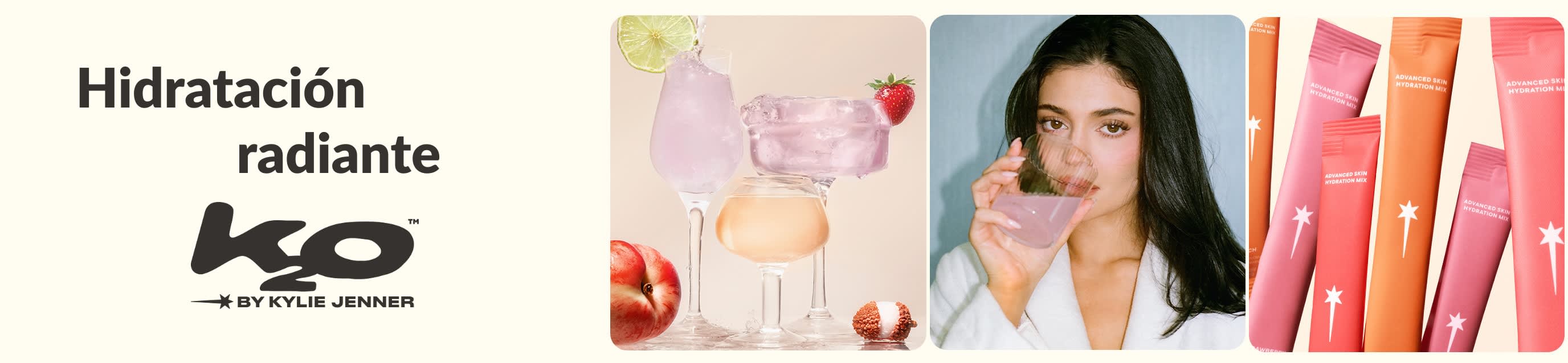 Banner de K2O por Kylie Jenner con bebidas rosas y naranjas, una modelo bebiendo y sobres multicolores de mezcla para hidratar la piel.