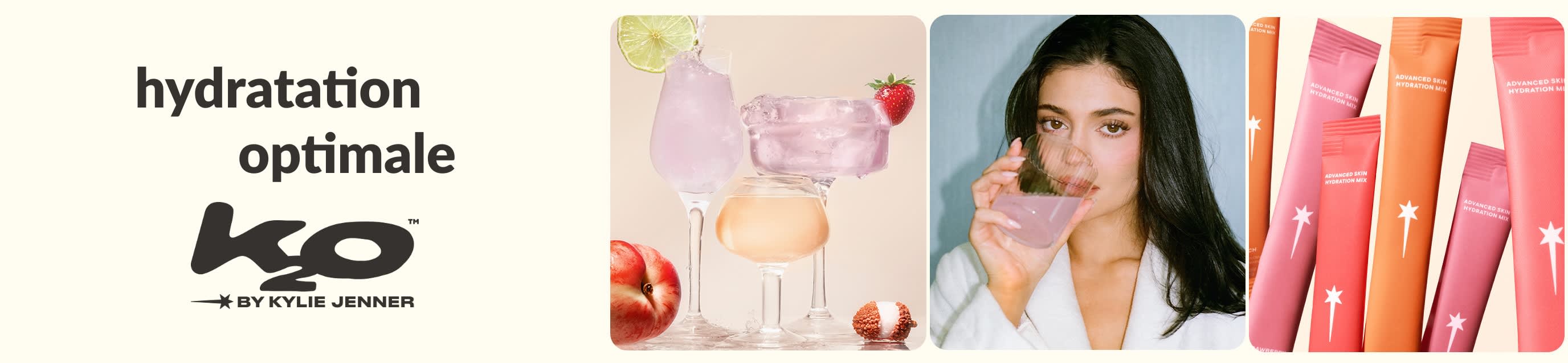 Bannière k2o de Kylie Jenner avec des boissons et des sachets colorés rose/orange pour l’hydratation de la peau.