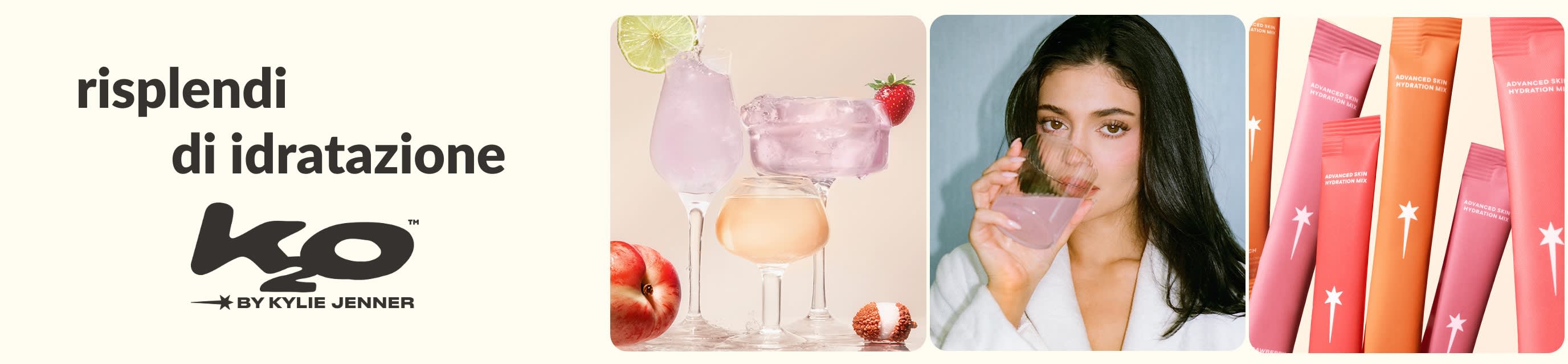 Banner K2O di Kylie Jenner con drink rosa e arancio, una modella che beve e bustine colorate di integratori per l'idratazione cutanea.